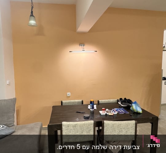 קיר צבוע בצבע כתום עם שולחן וכלים לצביעה.